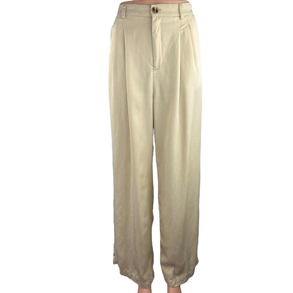 Et Clet Cream High Rise Pleated Career Cozy Ankle Wide Leg Trouser Pants Size M - Picture 1 of 5